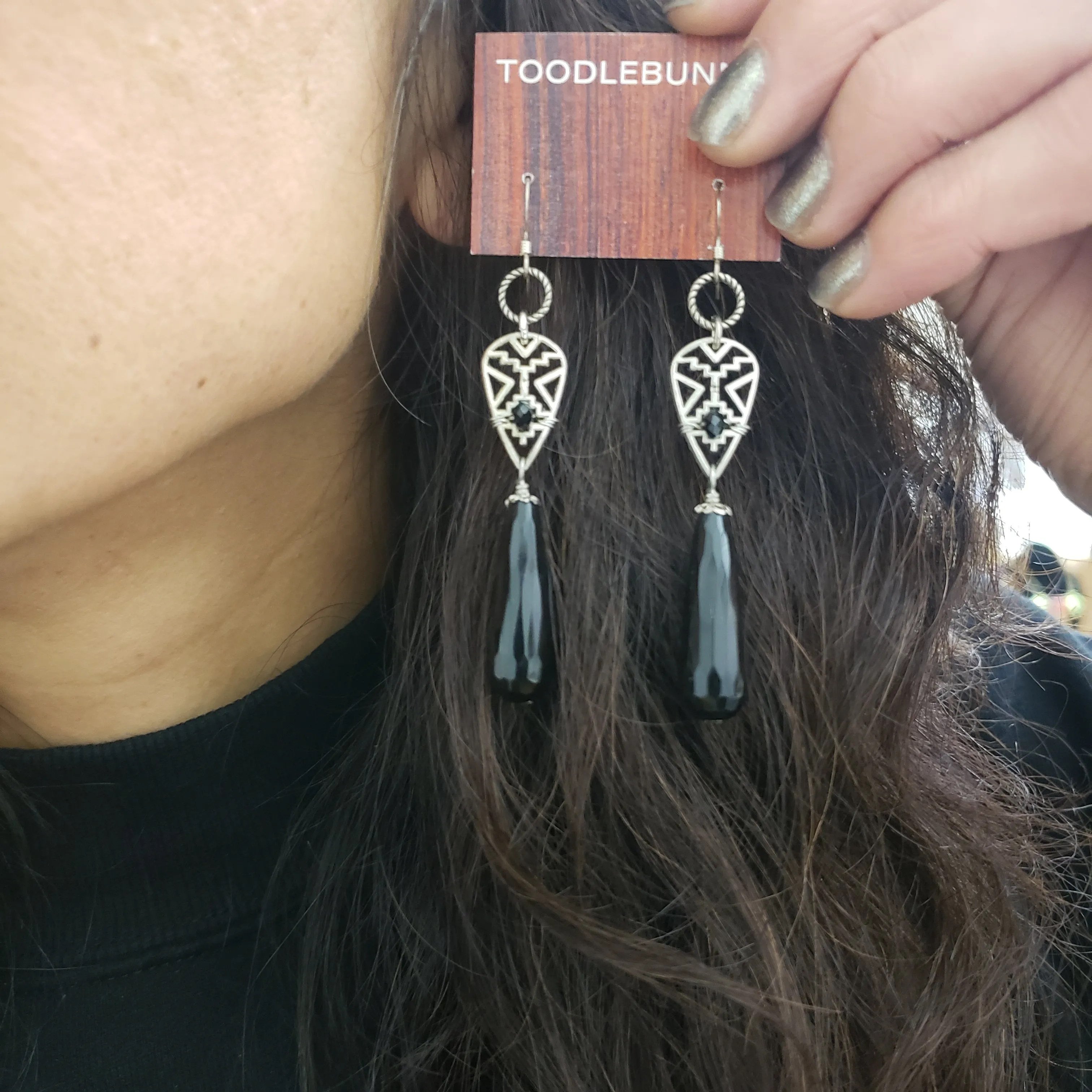 Aztec Pewter Black Onyx Drop Earrings