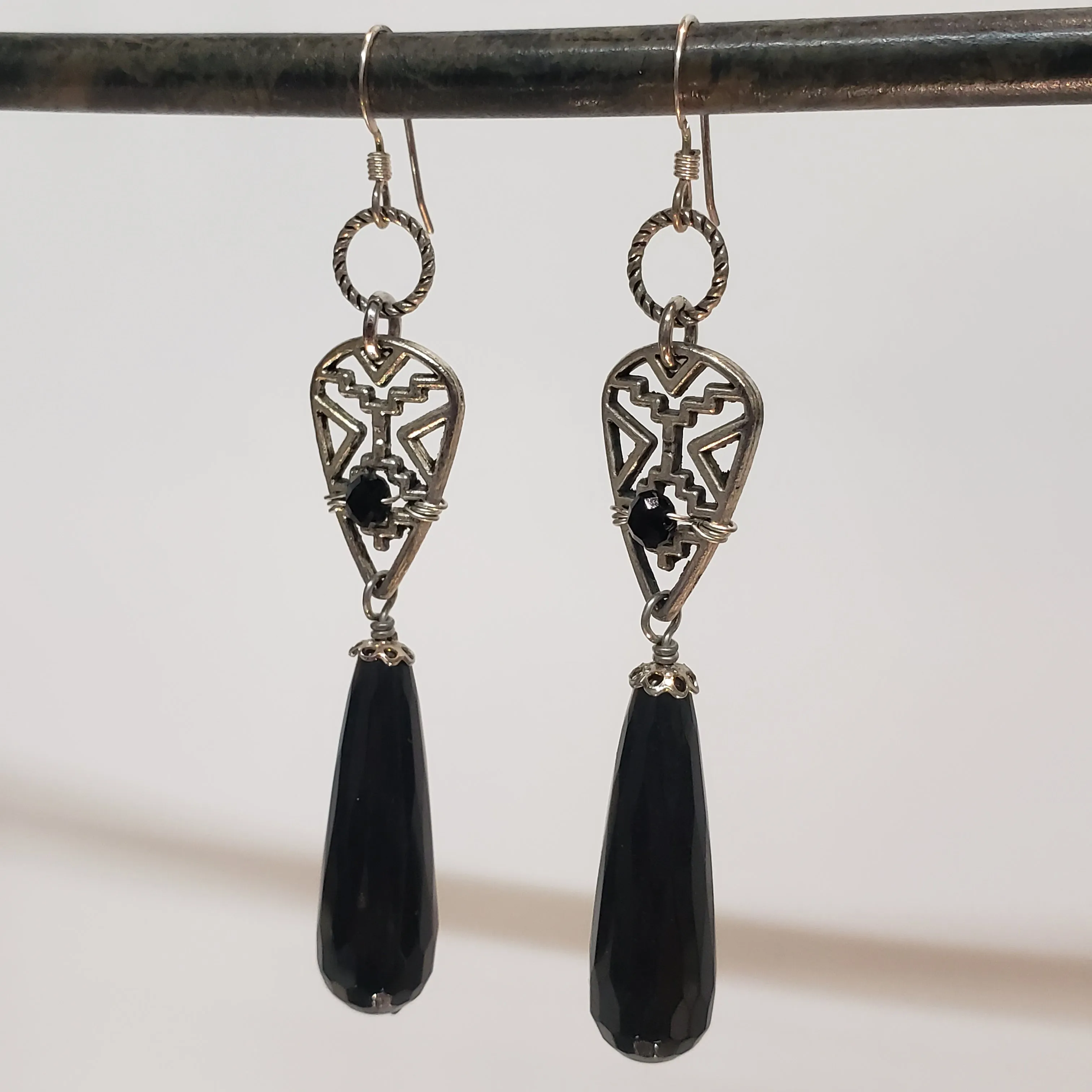 Aztec Pewter Black Onyx Drop Earrings