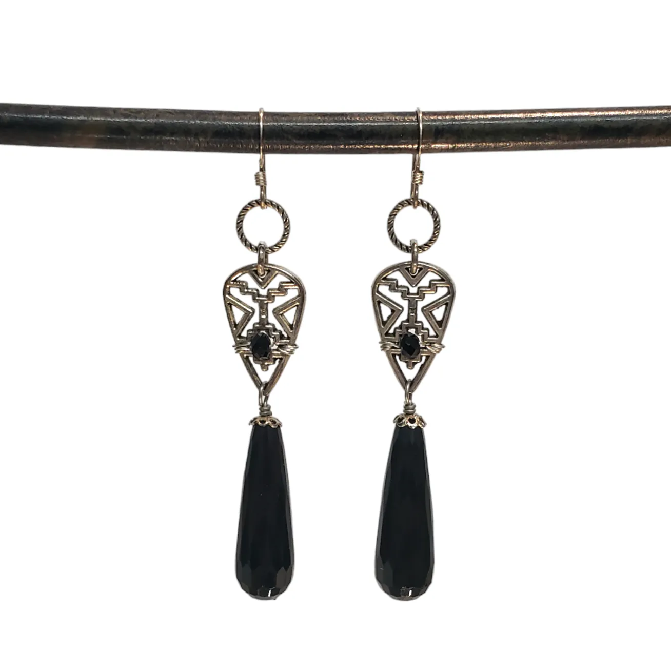 Aztec Pewter Black Onyx Drop Earrings