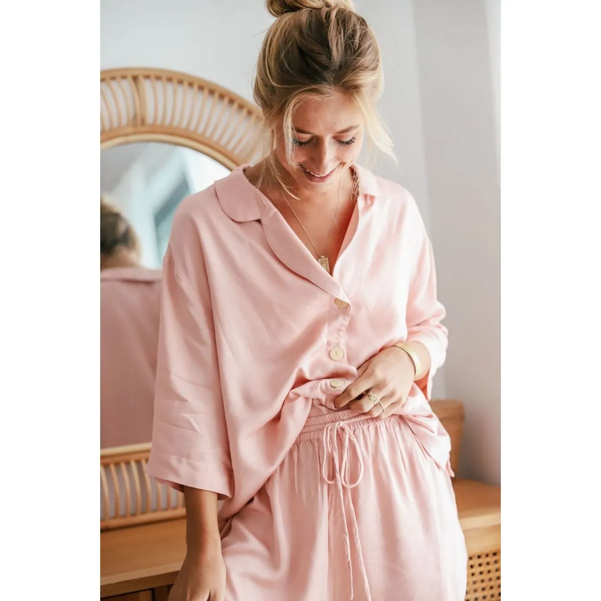 Bamboo Pyjamas - Crop Button Up   Short PJ Set in Pink