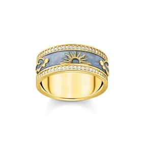 Band ring with blue cold enamel and cosmic symbols