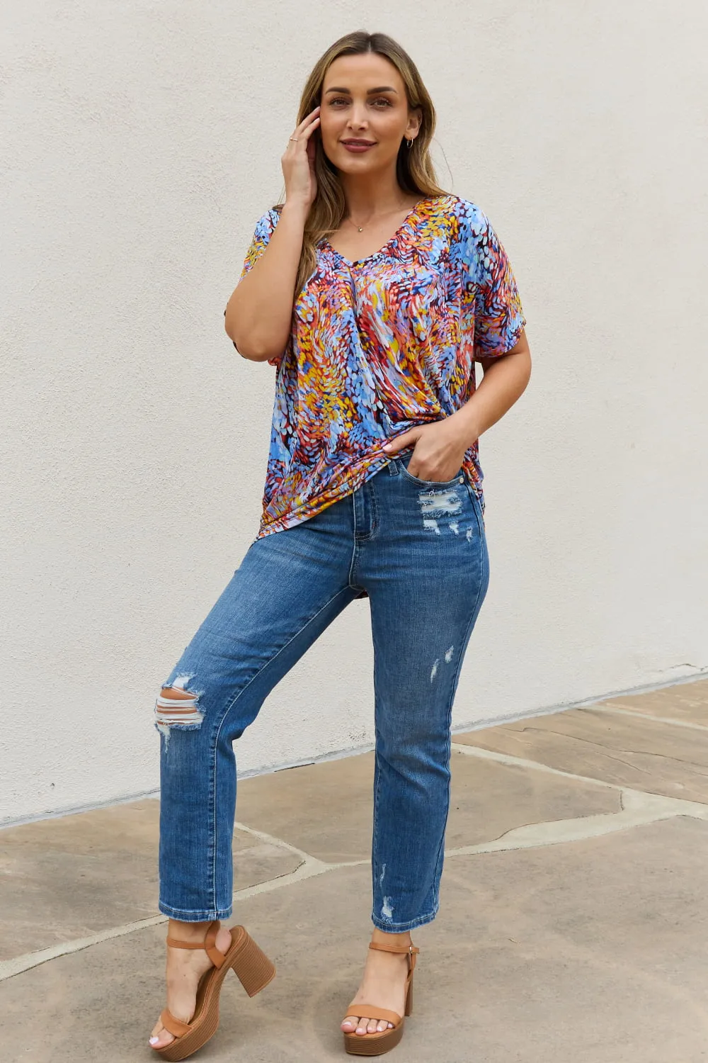 Be Stage Full Size Printed Dolman Flowy Top