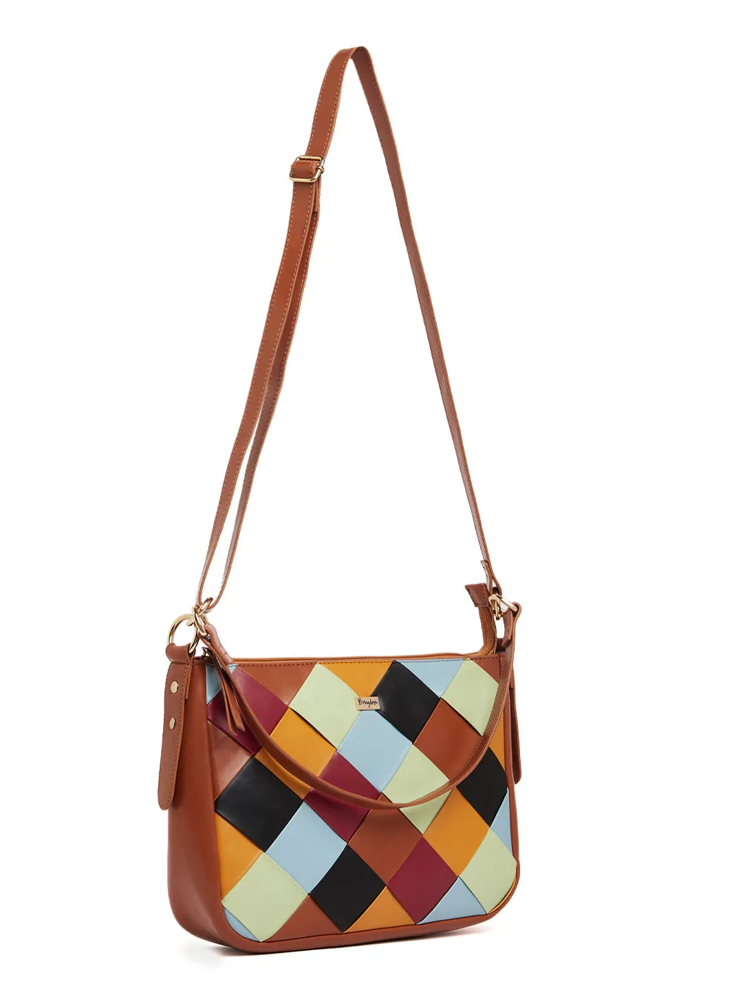 Berrylush Women Brown & Multicolour Geometric Pattern PU Detachable Sling Strap Structured Small Sling Bag