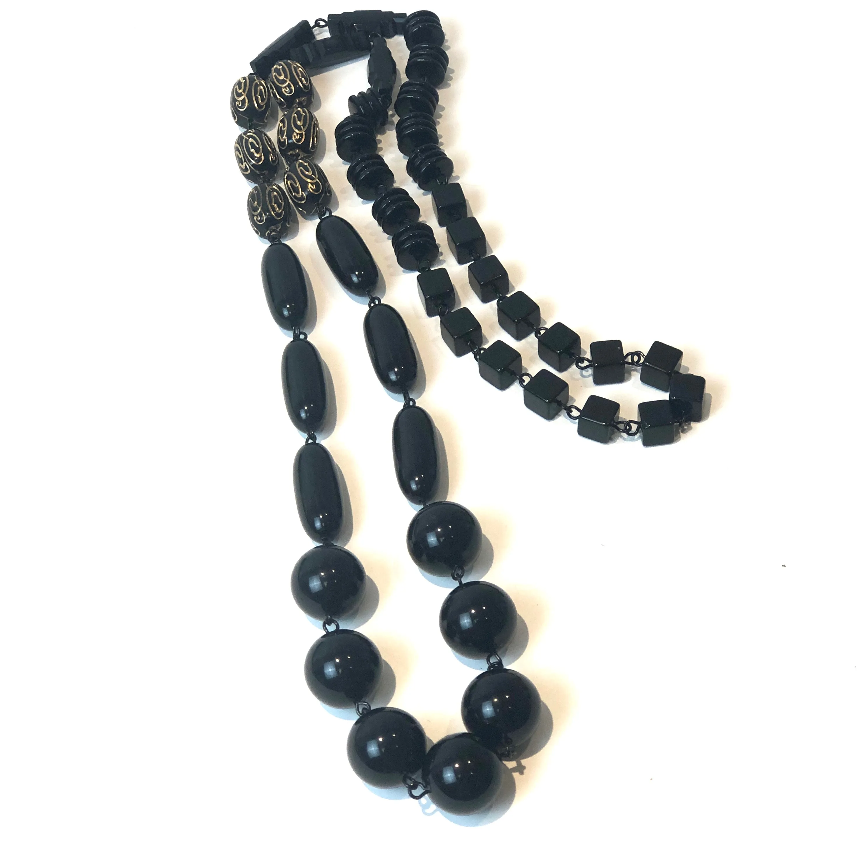 Black & Gold Etched Rosary-chained Rope Necklace