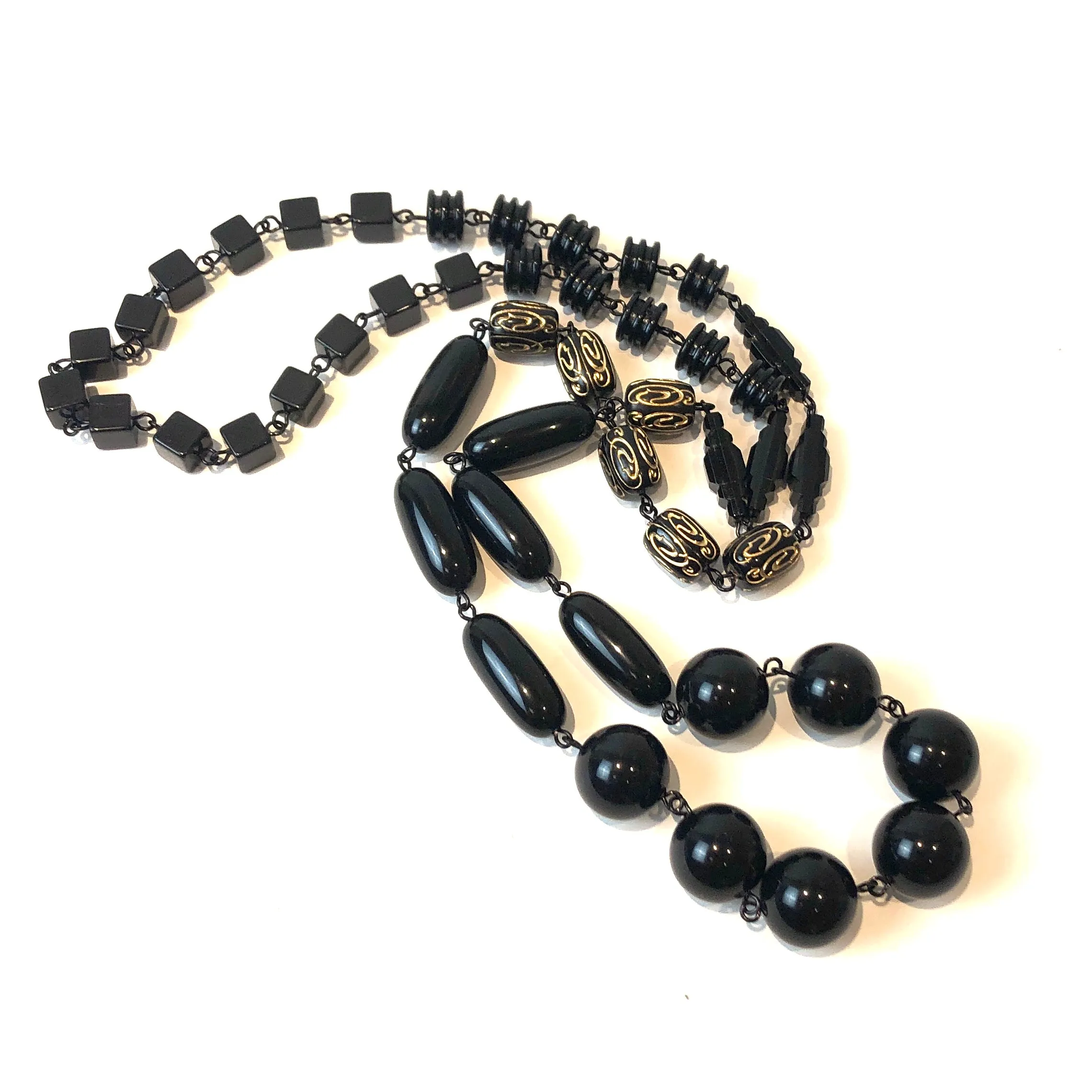 Black & Gold Etched Rosary-chained Rope Necklace