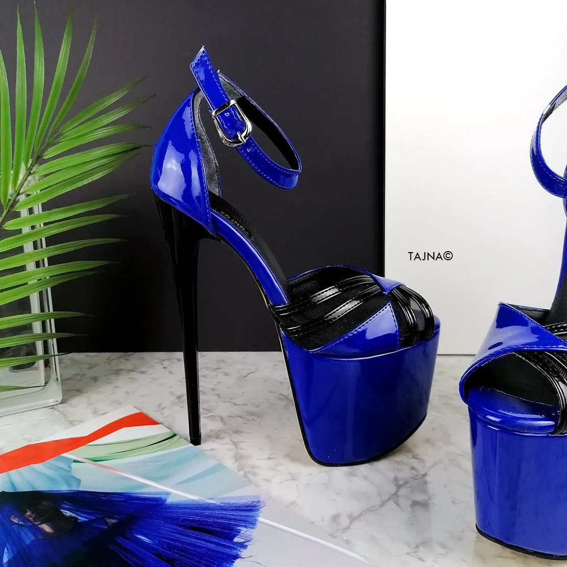 Black Blue Gloss Designer Strap High Heels