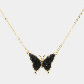 Black Butterfly Druzy Pendant Necklace