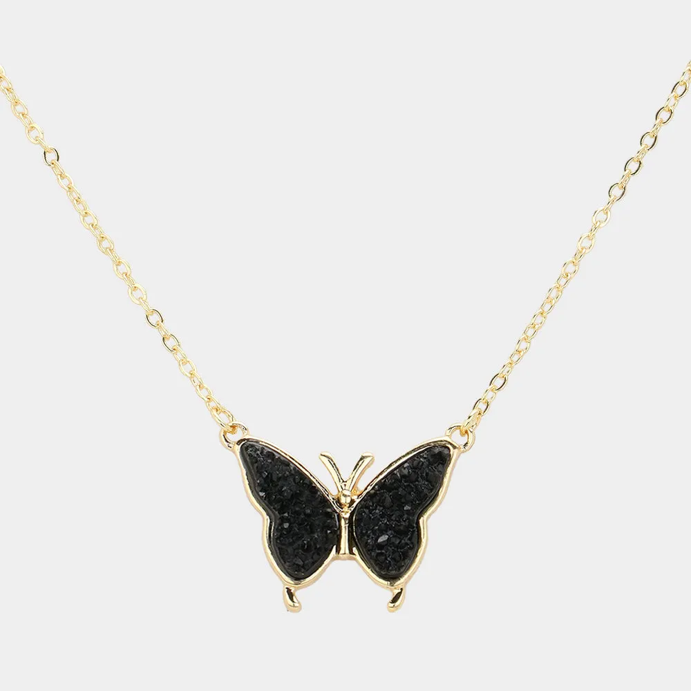 Black Butterfly Druzy Pendant Necklace