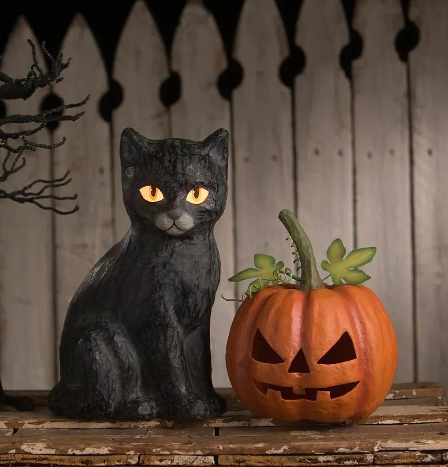 Black Cat Jack O'Lantern Paper Mache Figurine