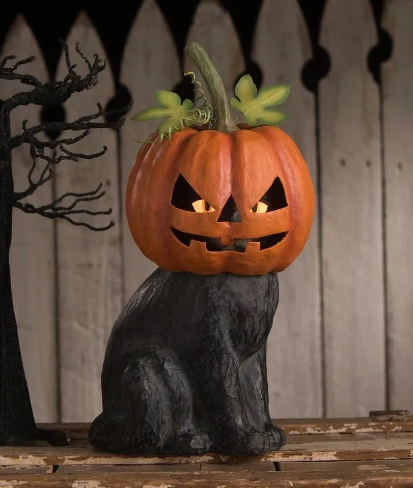 Black Cat Jack O'Lantern Paper Mache Figurine