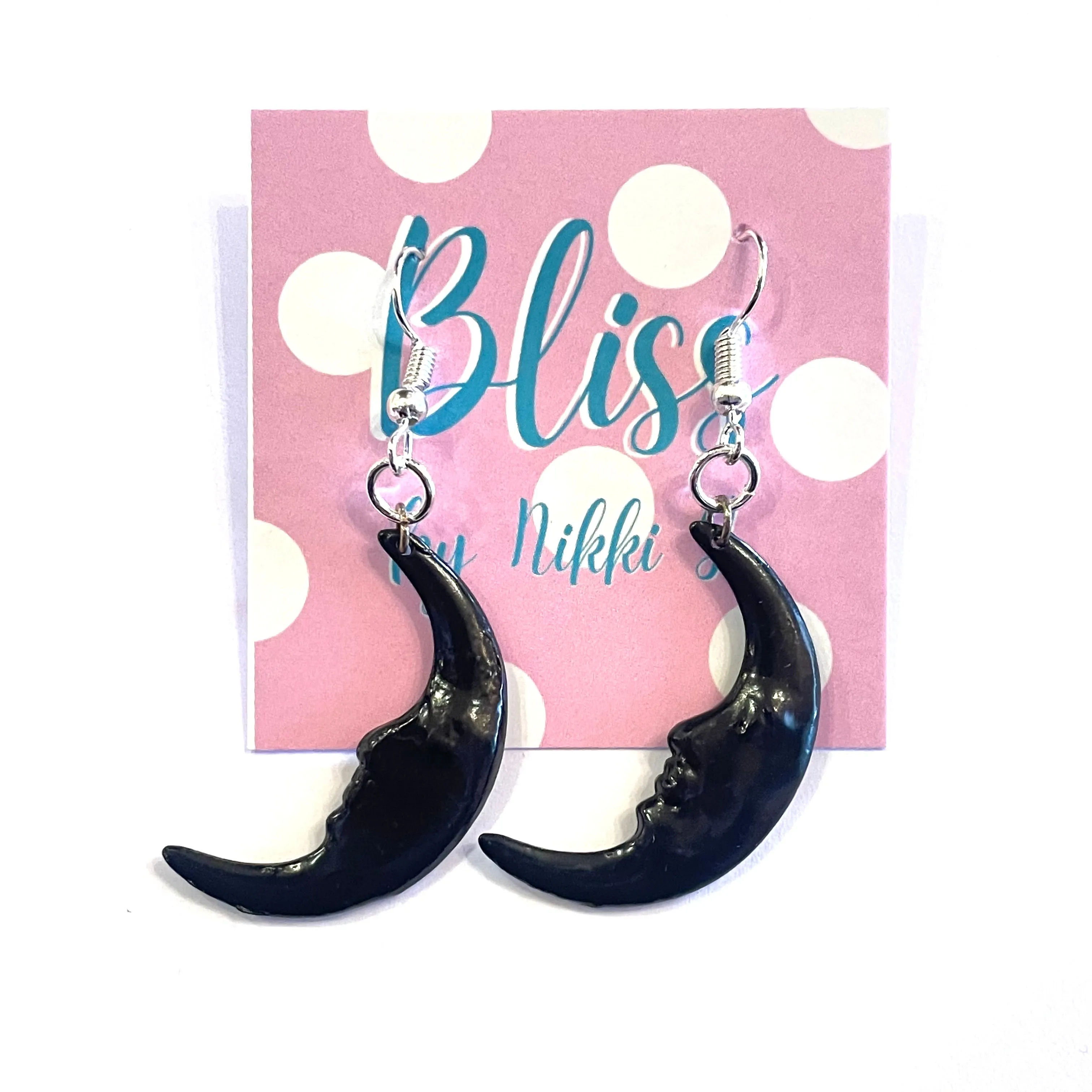 Black Crescent Moon Man Charm Earrings