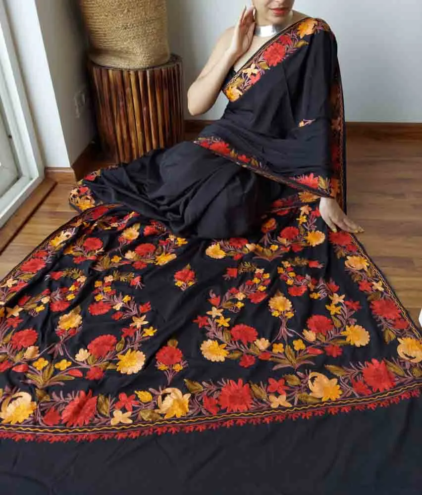 Black Embroidered Kashmiri Aari Work Crepe Floral Design Saree