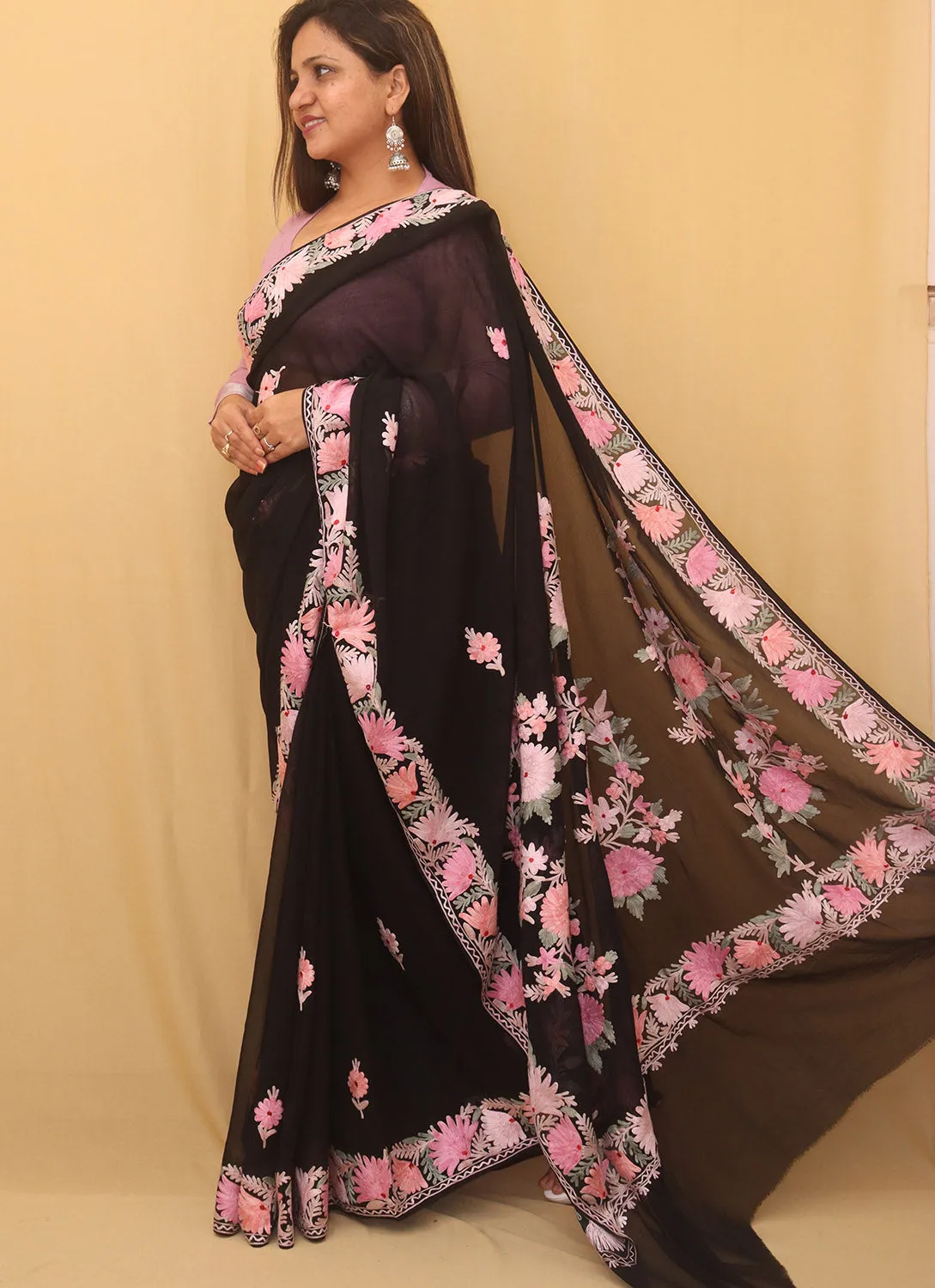 Black Embroidered Kashmiri Aari Work Georgette Saree