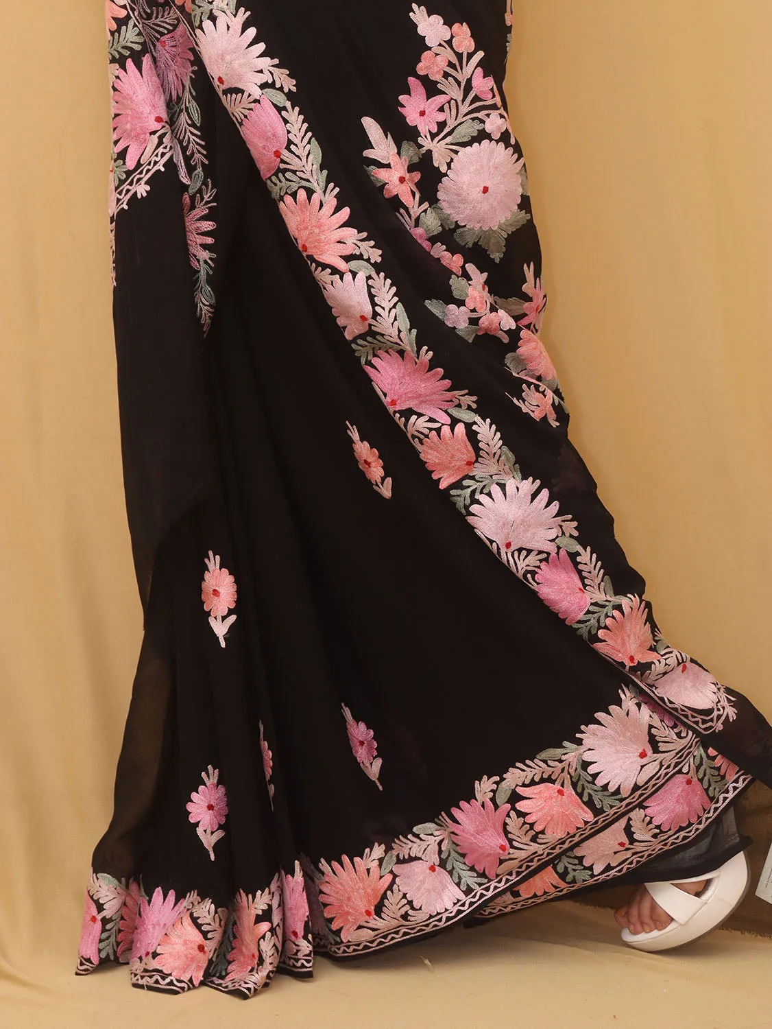 Black Embroidered Kashmiri Aari Work Georgette Saree