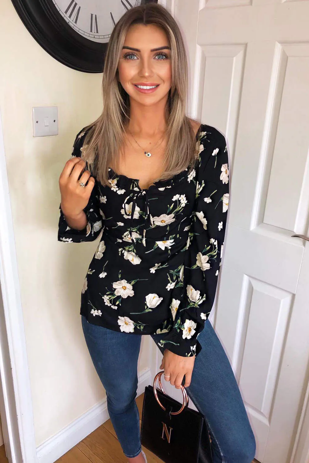 Black Floral Milk Maid Top