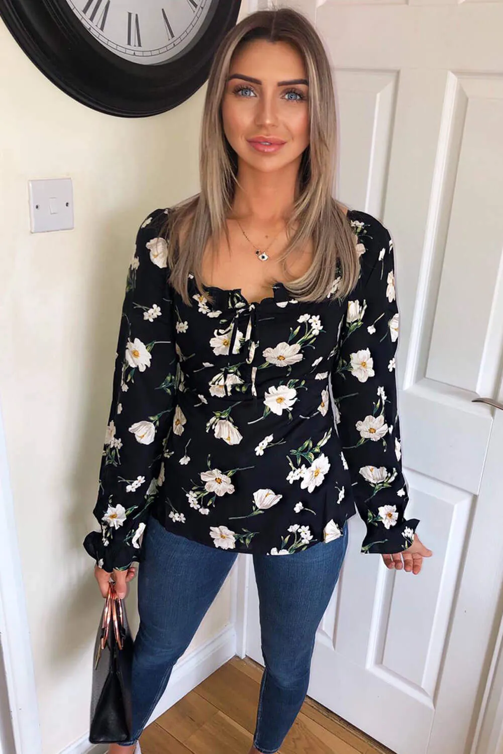 Black Floral Milk Maid Top