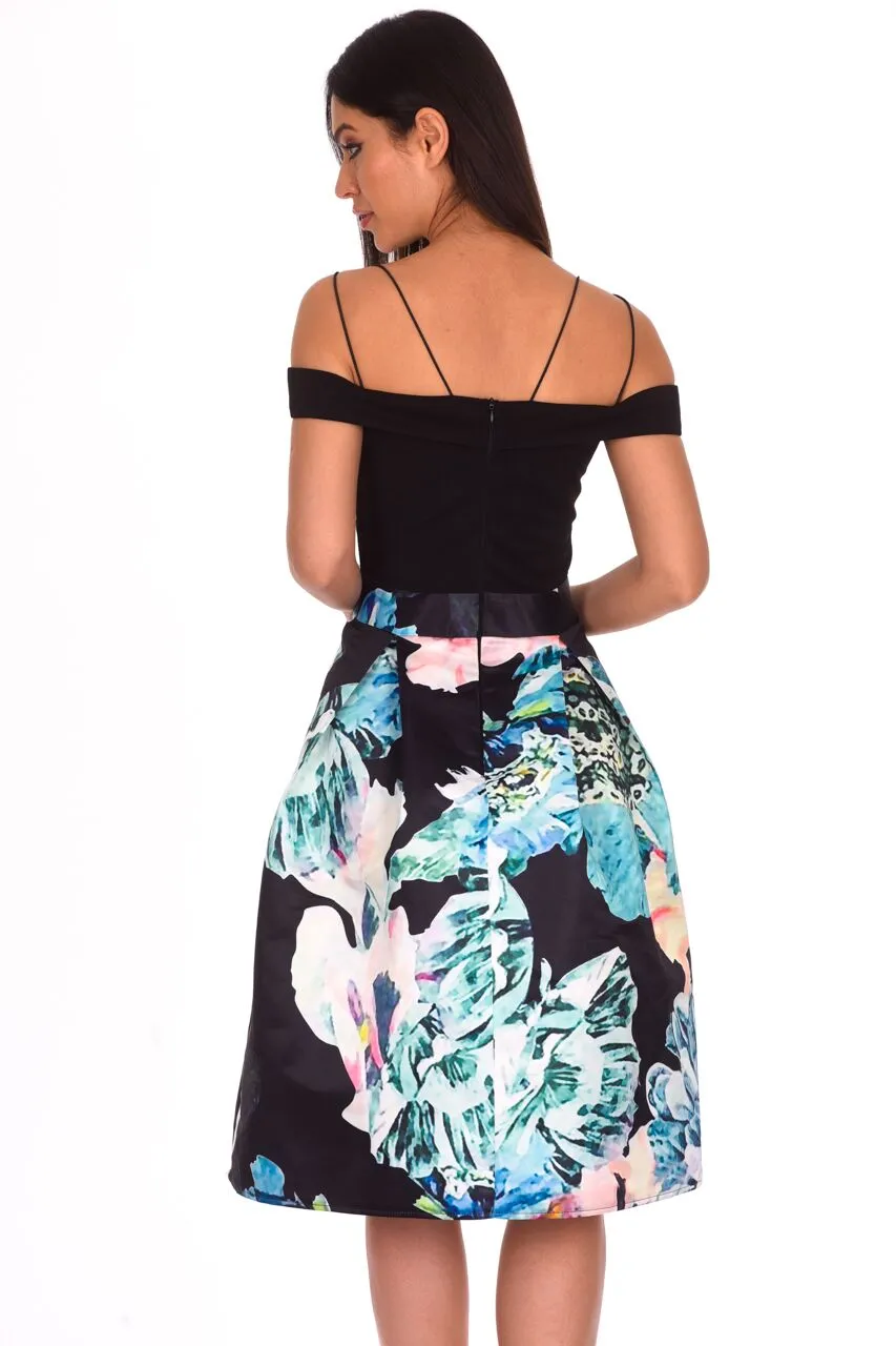 Black Floral Printed Skater Dress