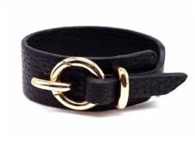 BLACK GENUINE LEATHER WIDE CUFF BRACELET WITH BUCKLE CLOSURE