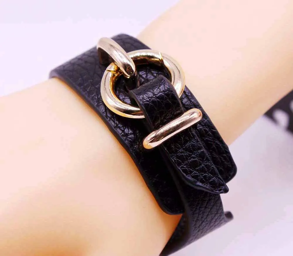 BLACK GENUINE LEATHER WIDE CUFF BRACELET WITH BUCKLE CLOSURE