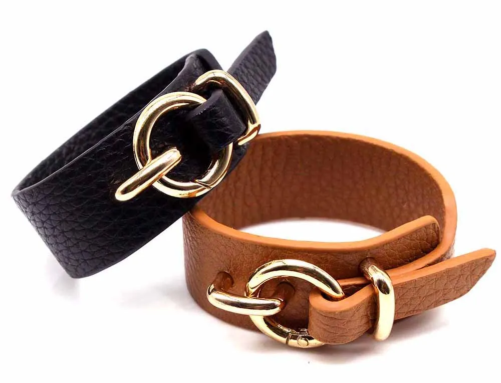 BLACK GENUINE LEATHER WIDE CUFF BRACELET WITH BUCKLE CLOSURE