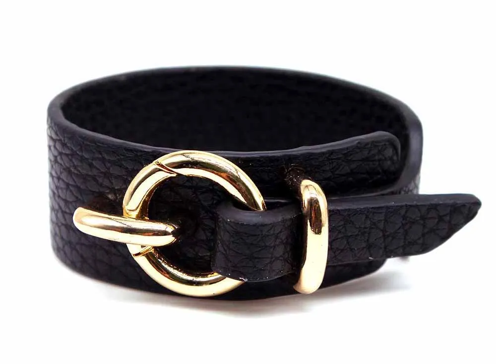 BLACK GENUINE LEATHER WIDE CUFF BRACELET WITH BUCKLE CLOSURE