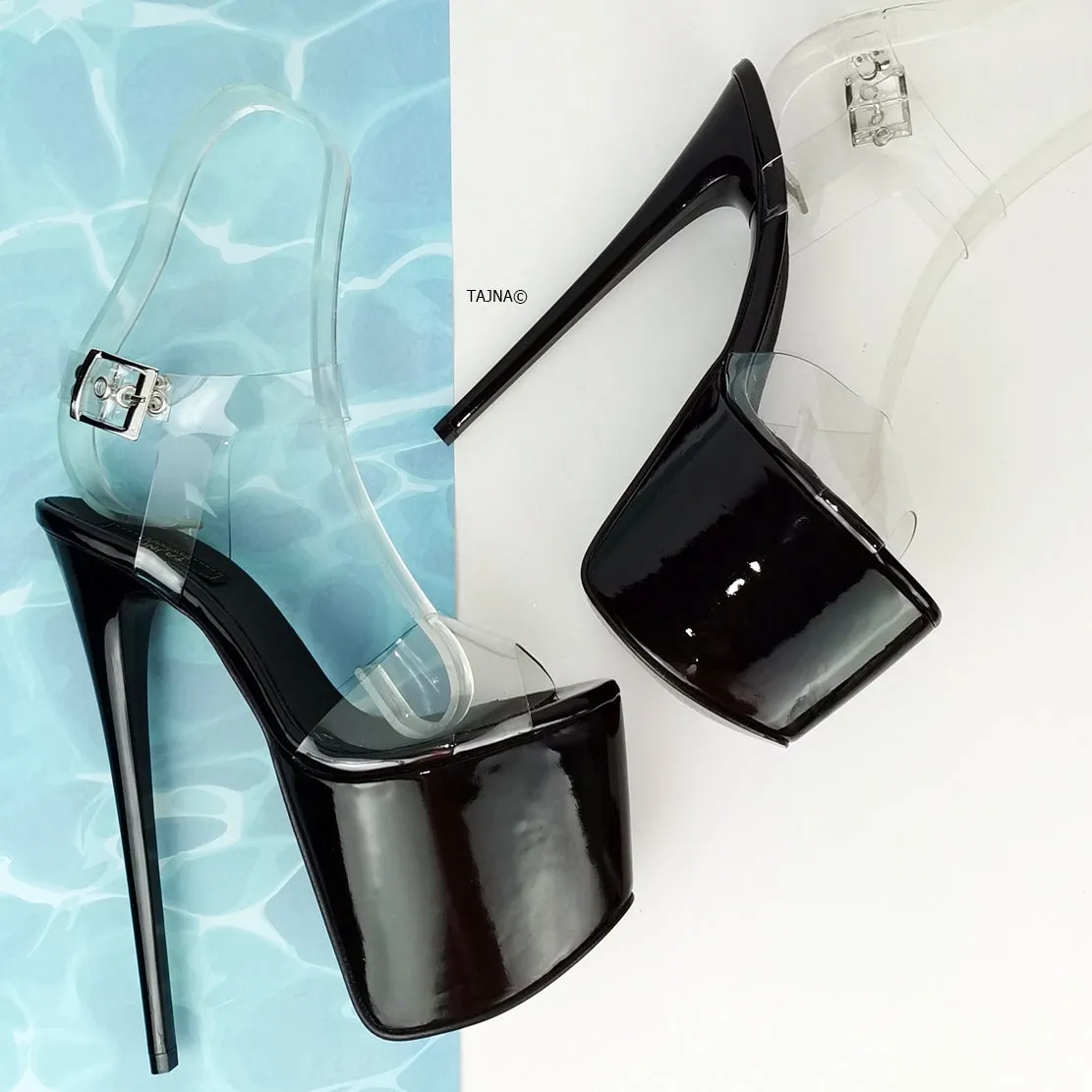 Black Patent High Heel Clear Strap Sandals