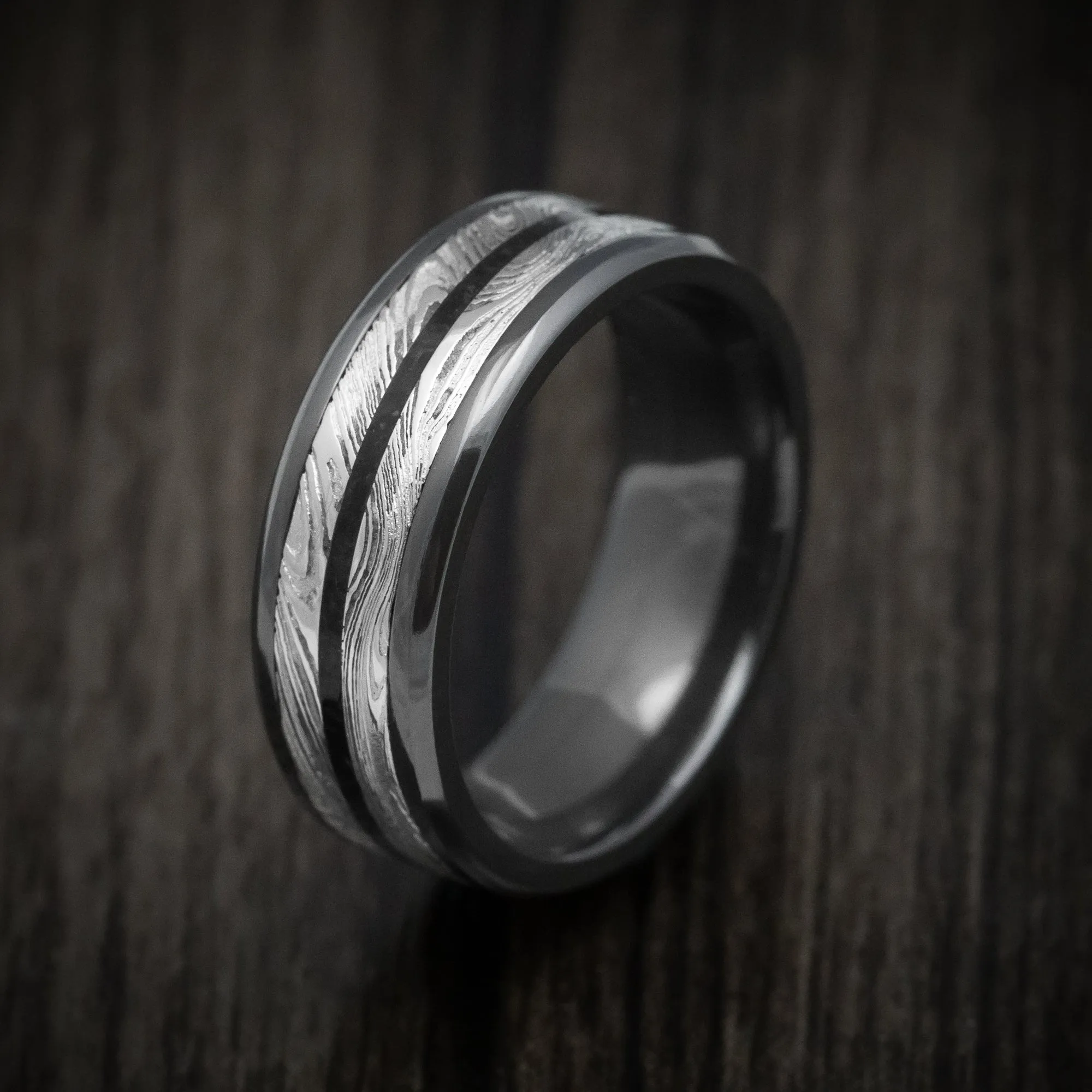 Black Titanium Men's Ring with Marble Kuro Damascus Steel and Onyx Stone Inlay Custom Made