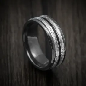 Black Titanium Men's Ring with Marble Kuro Damascus Steel and Onyx Stone Inlay Custom Made