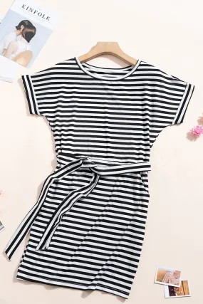 Black White Stripes Pocketed Belt Casual T-shirt Dress