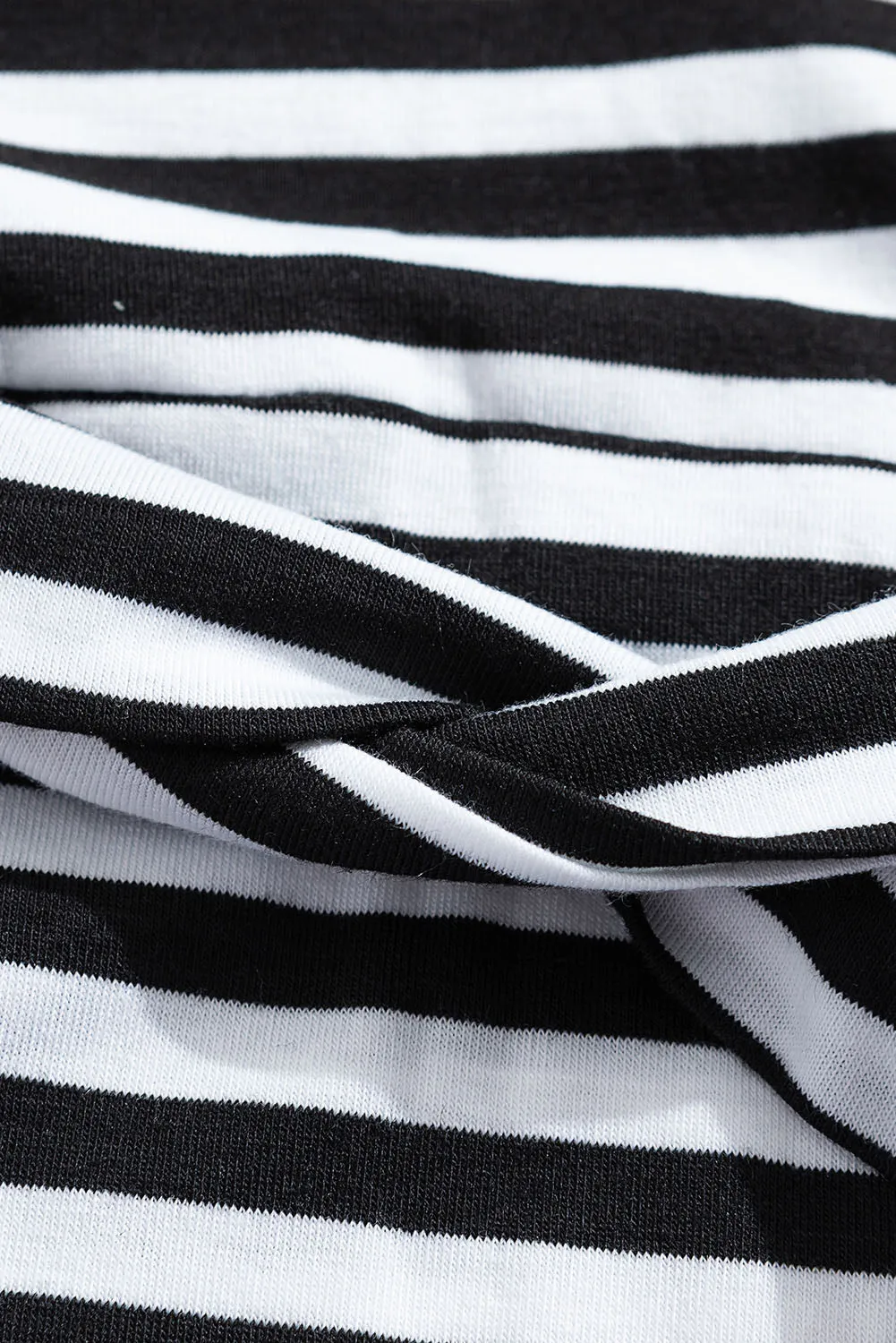 Black White Stripes Pocketed Belt Casual T-shirt Dress