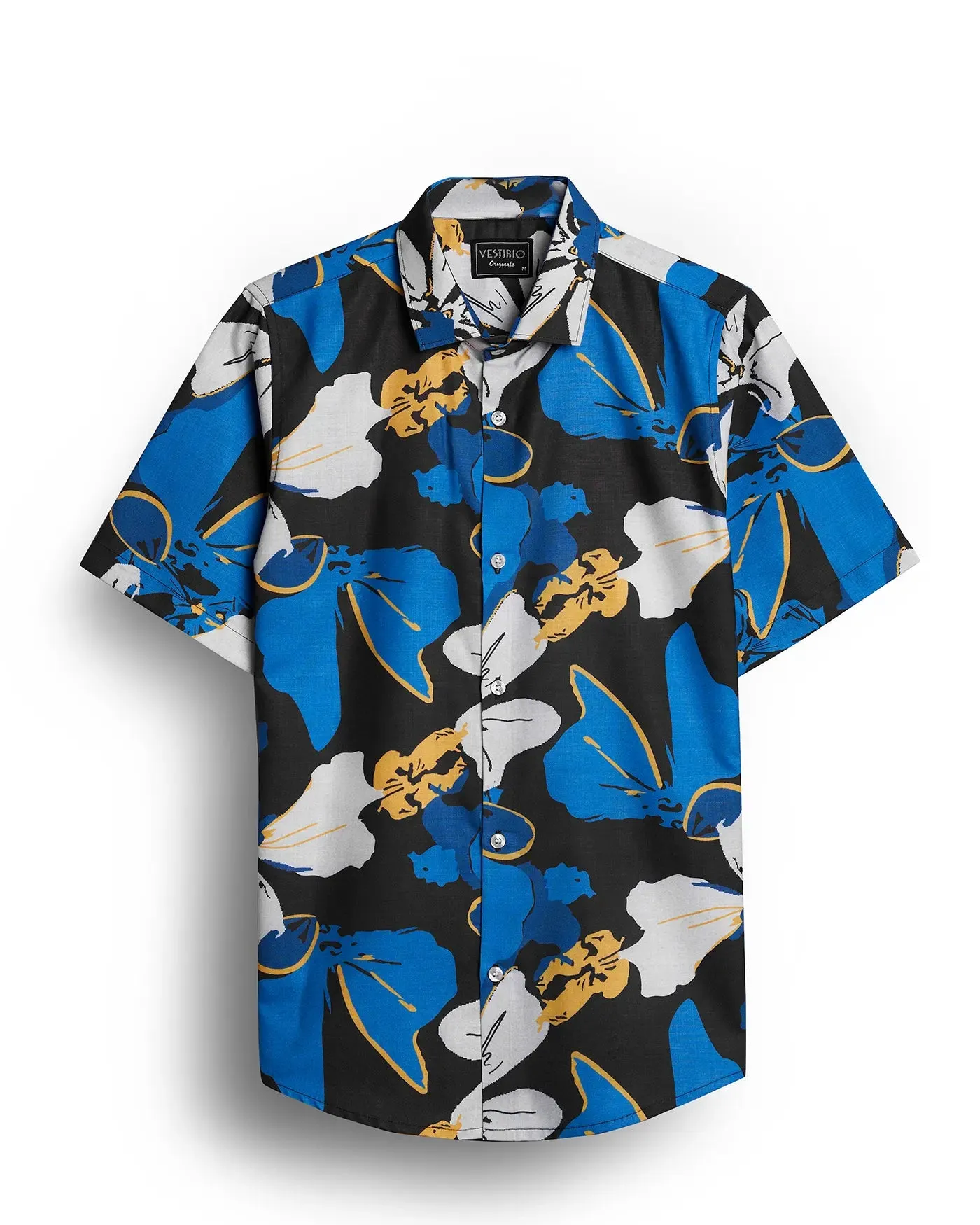 Blue and white flower printed half sleeve shirt for men