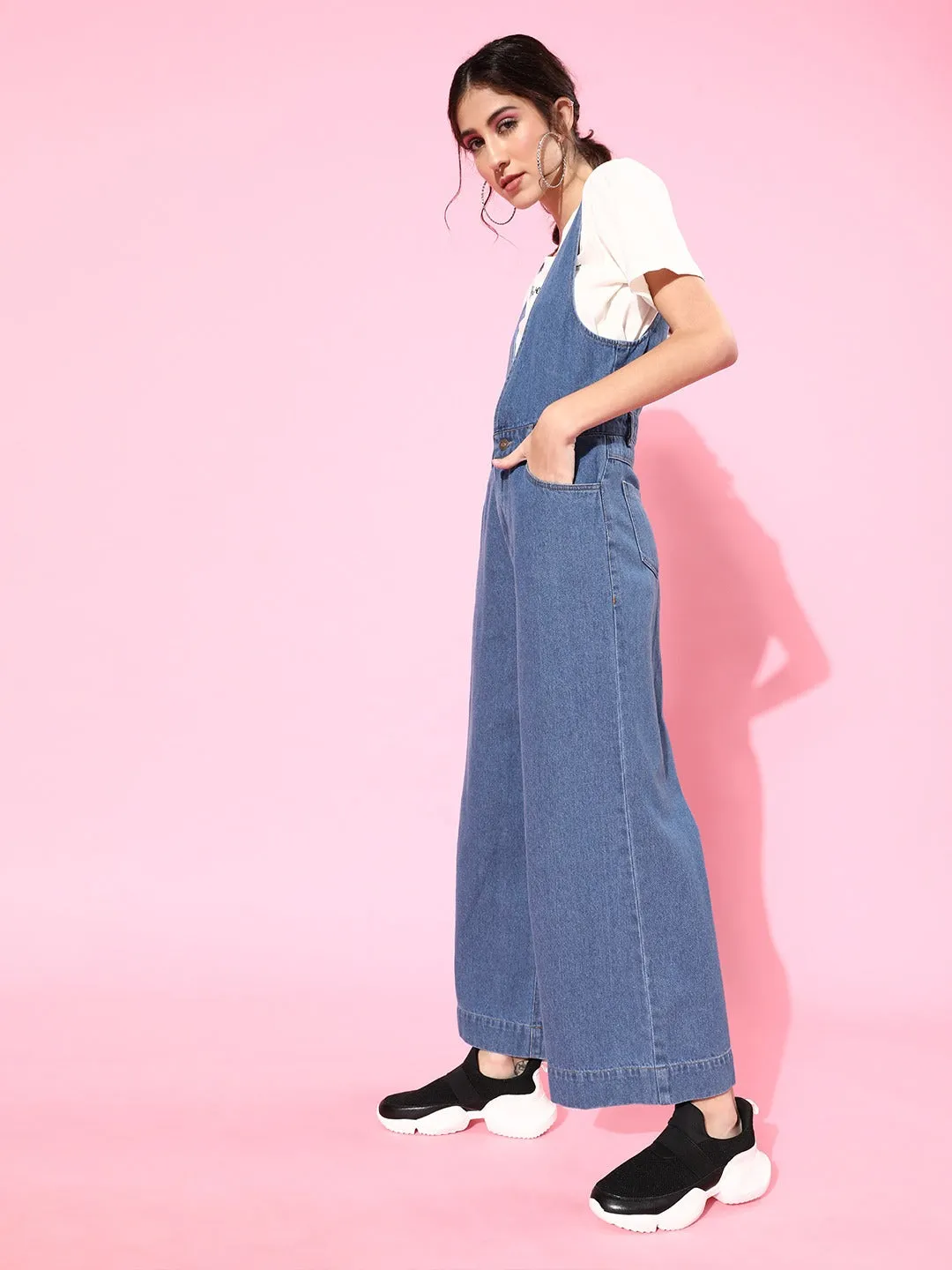 Blue Deep V-Neck Denim Flared Leg Jumpsuit