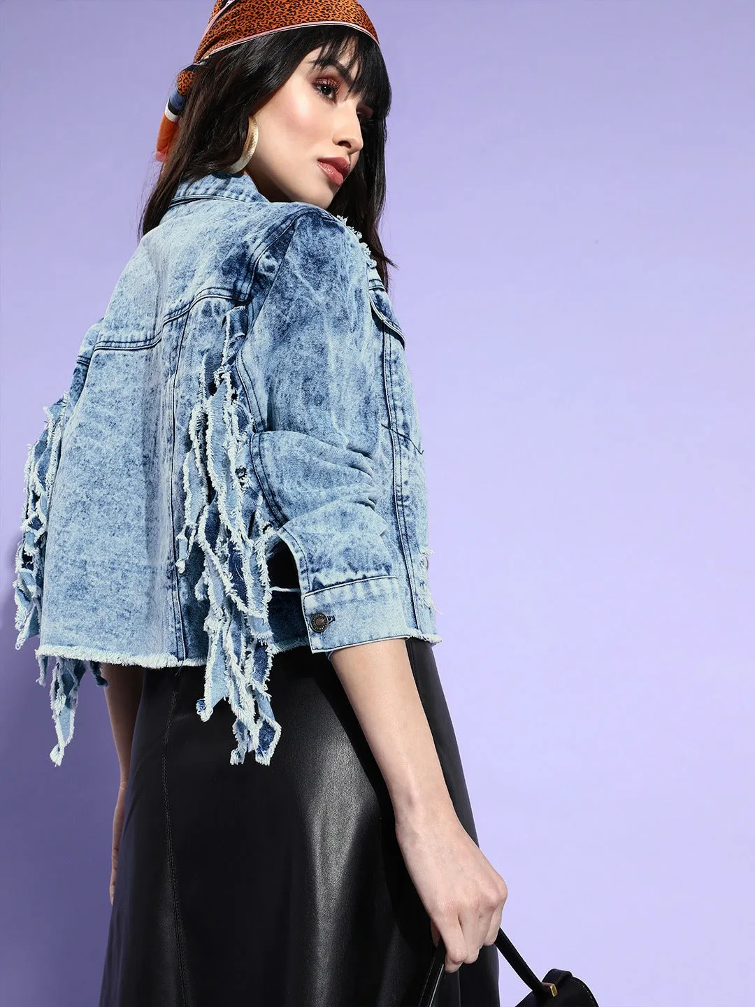 Blue Denim Fringe Distressed Denim Jacket