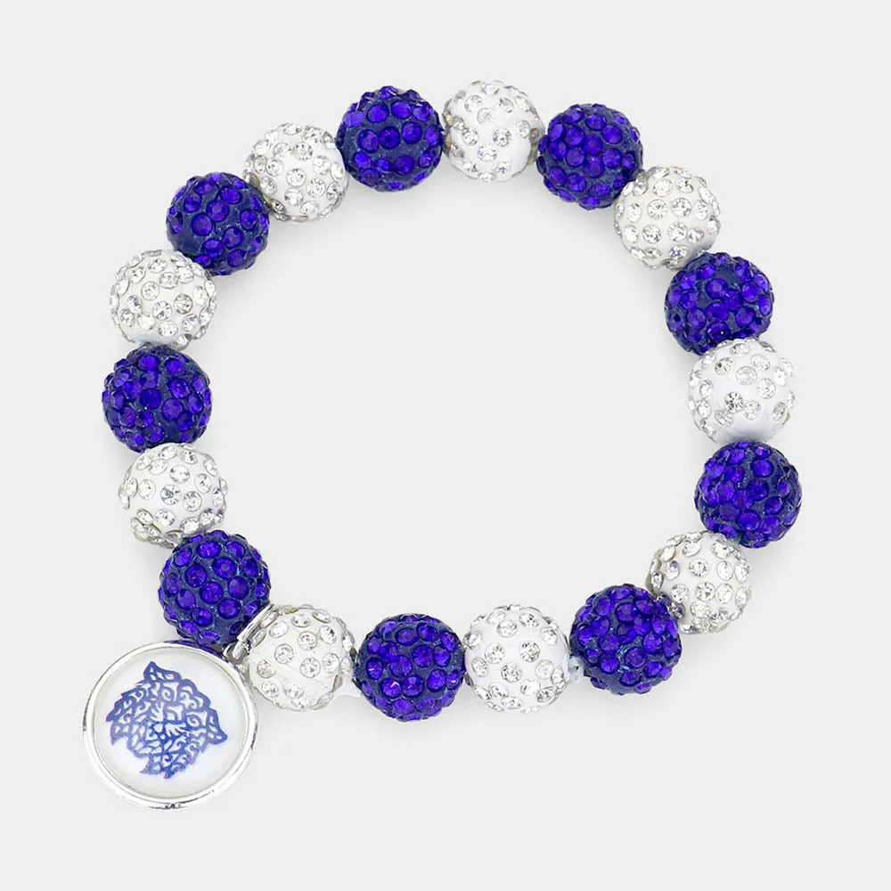 Blue Lion Accented Round Charm Shamballa Ball Stretch Bracelet