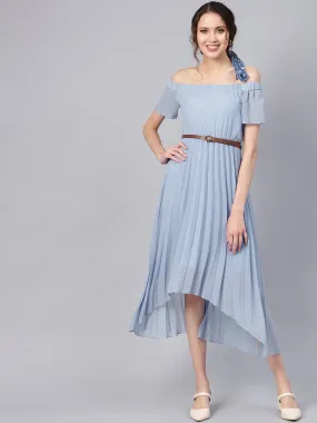 Blue Off Shoulder High Low Belted Pleated Dress