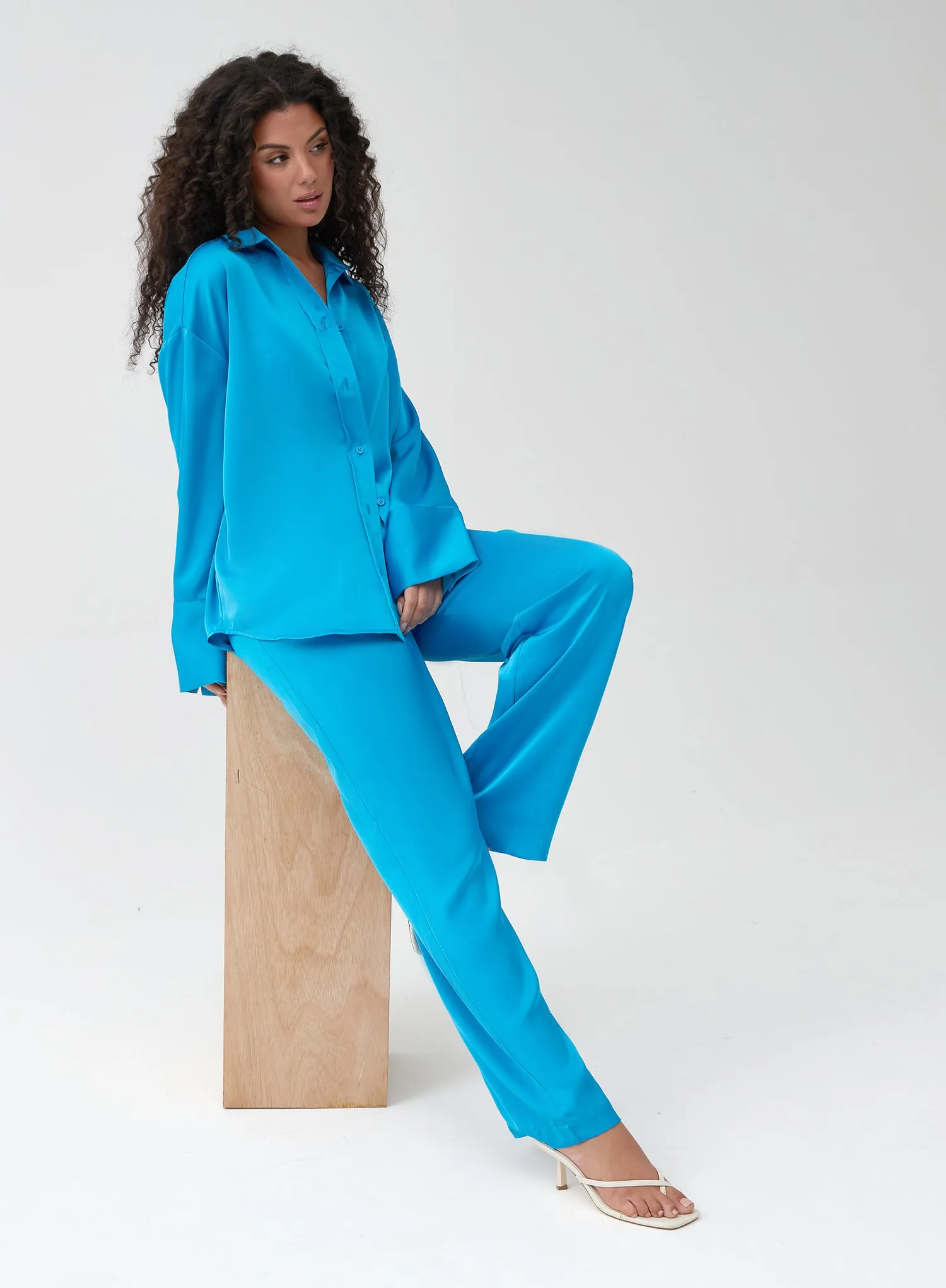 Blue Straight Leg Satin Trouser - Allister