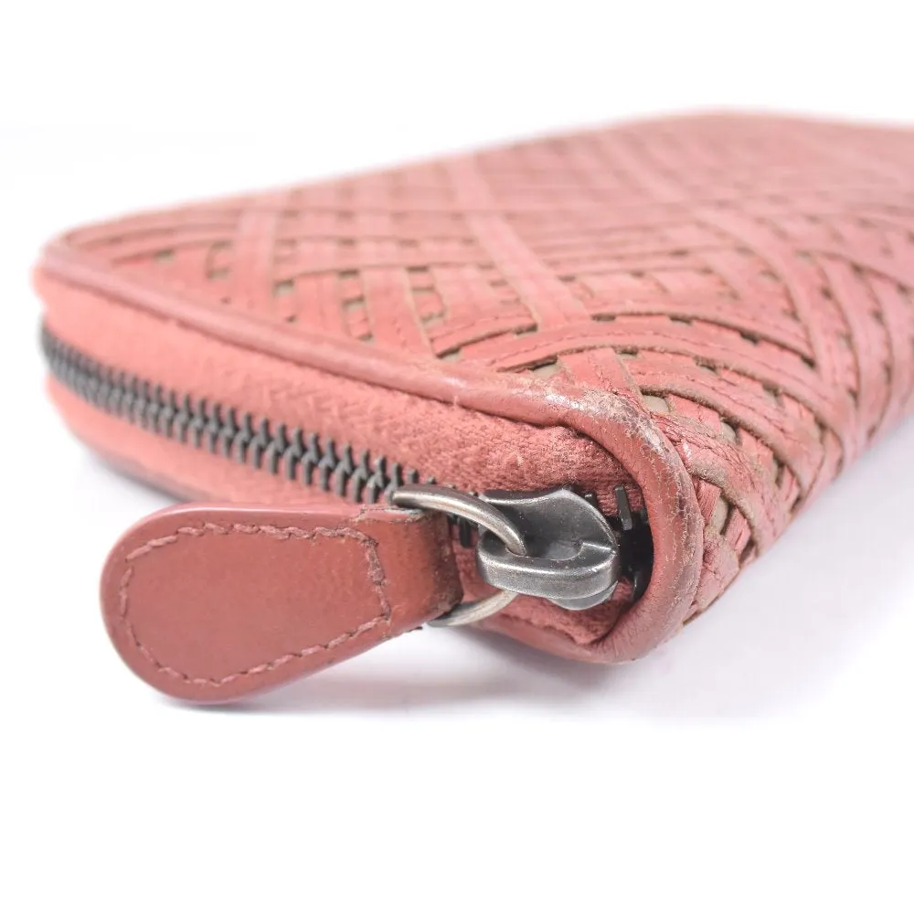 BOTTEGAVENETA Long Wallet Purse lambskin Red tea INTRECCIATO Zip Around Women Used Authentic