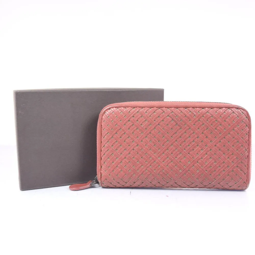 BOTTEGAVENETA Long Wallet Purse lambskin Red tea INTRECCIATO Zip Around Women Used Authentic