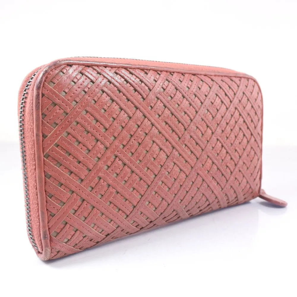 BOTTEGAVENETA Long Wallet Purse lambskin Red tea INTRECCIATO Zip Around Women Used Authentic