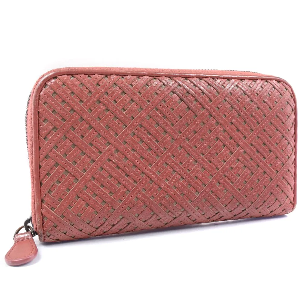 BOTTEGAVENETA Long Wallet Purse lambskin Red tea INTRECCIATO Zip Around Women Used Authentic