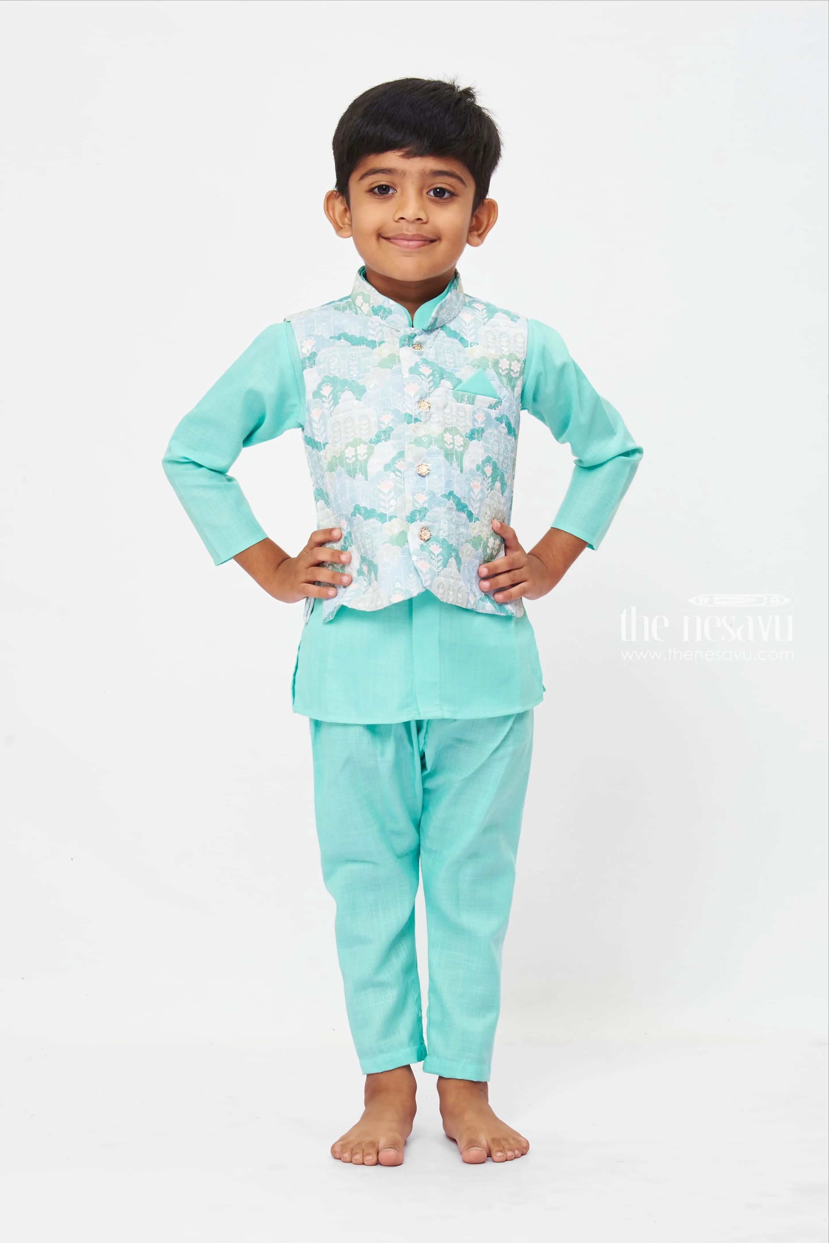 Boys Aqua Blue Traditional Print Kurta Set with Matching Pant