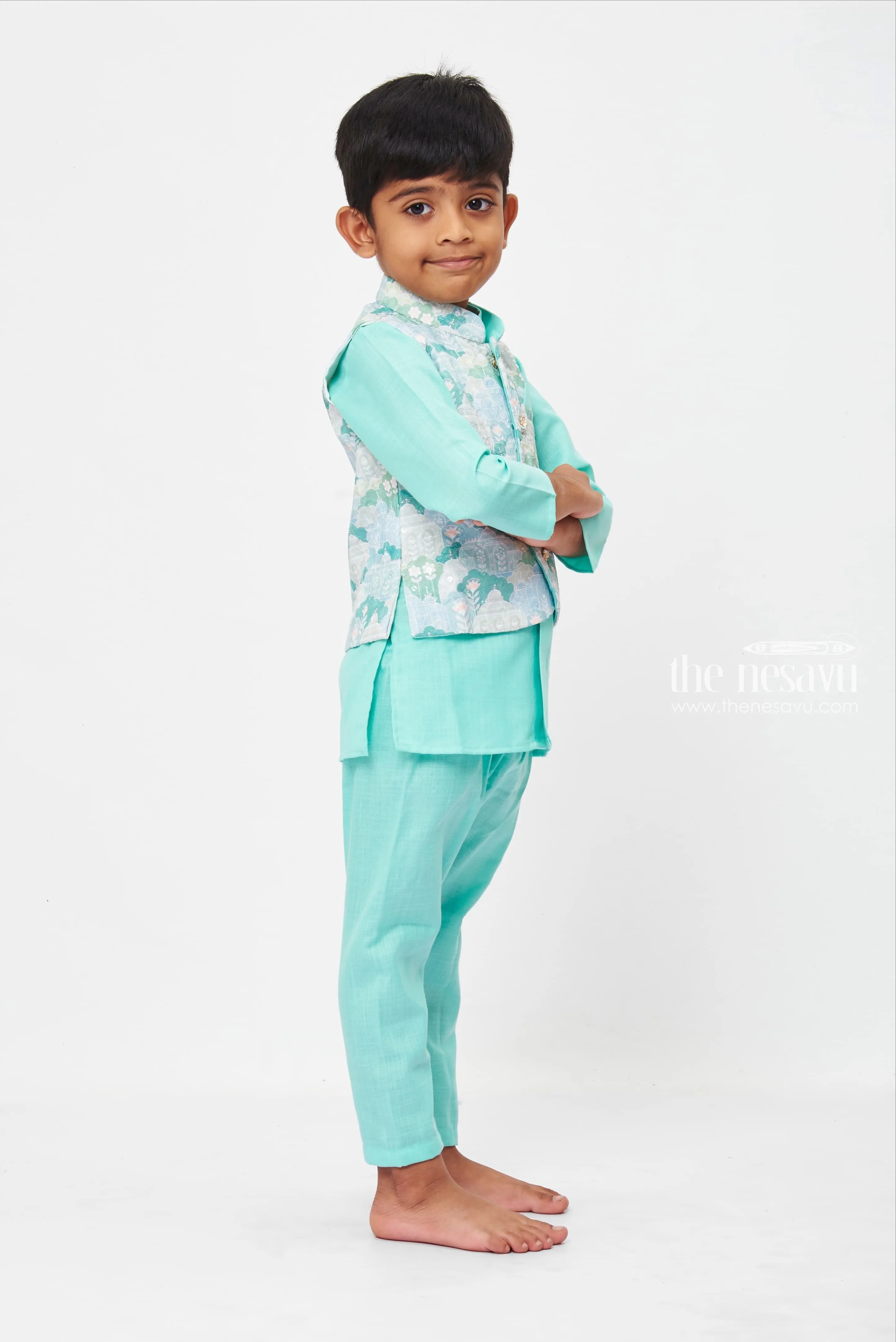 Boys Aqua Blue Traditional Print Kurta Set with Matching Pant