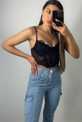 Brogan Black Lace & Mesh Strappy Corset Crop Top