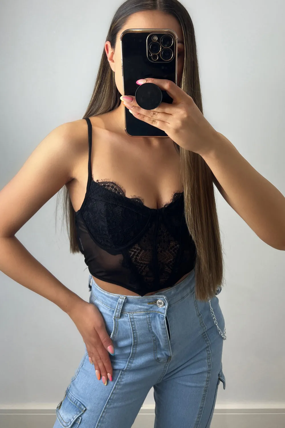 Brogan Black Lace & Mesh Strappy Corset Crop Top