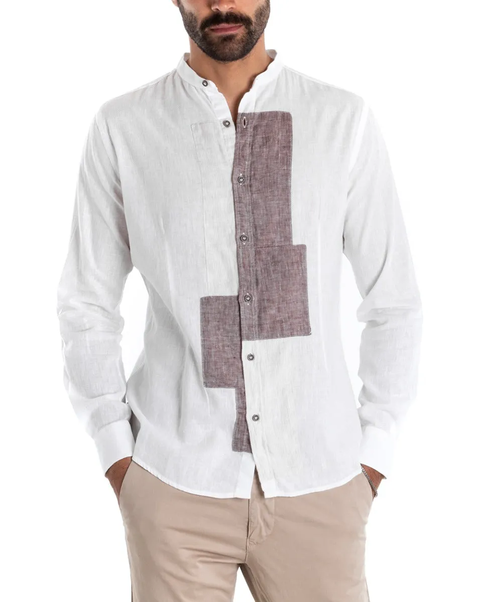 Camicia Uomo Lino Collo Coreano Manica Lunga Regular Fit Bianco Fango GIOSAL-C2429A