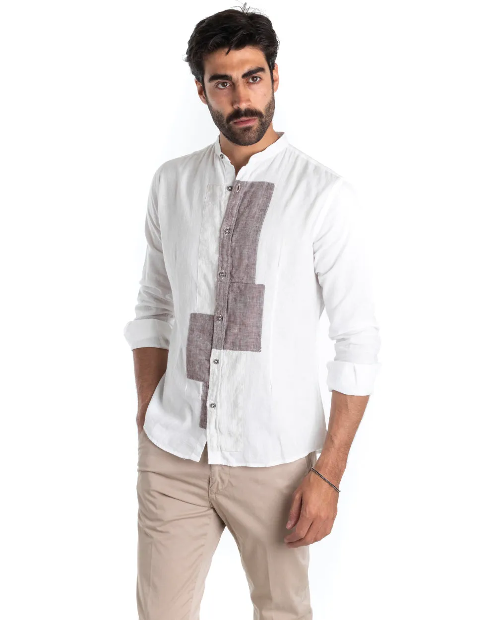 Camicia Uomo Lino Collo Coreano Manica Lunga Regular Fit Bianco Fango GIOSAL-C2429A