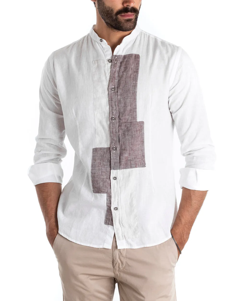 Camicia Uomo Lino Collo Coreano Manica Lunga Regular Fit Bianco Fango GIOSAL-C2429A