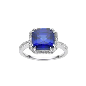 Ceylon Sapphire Asscher Cut Halo Ring