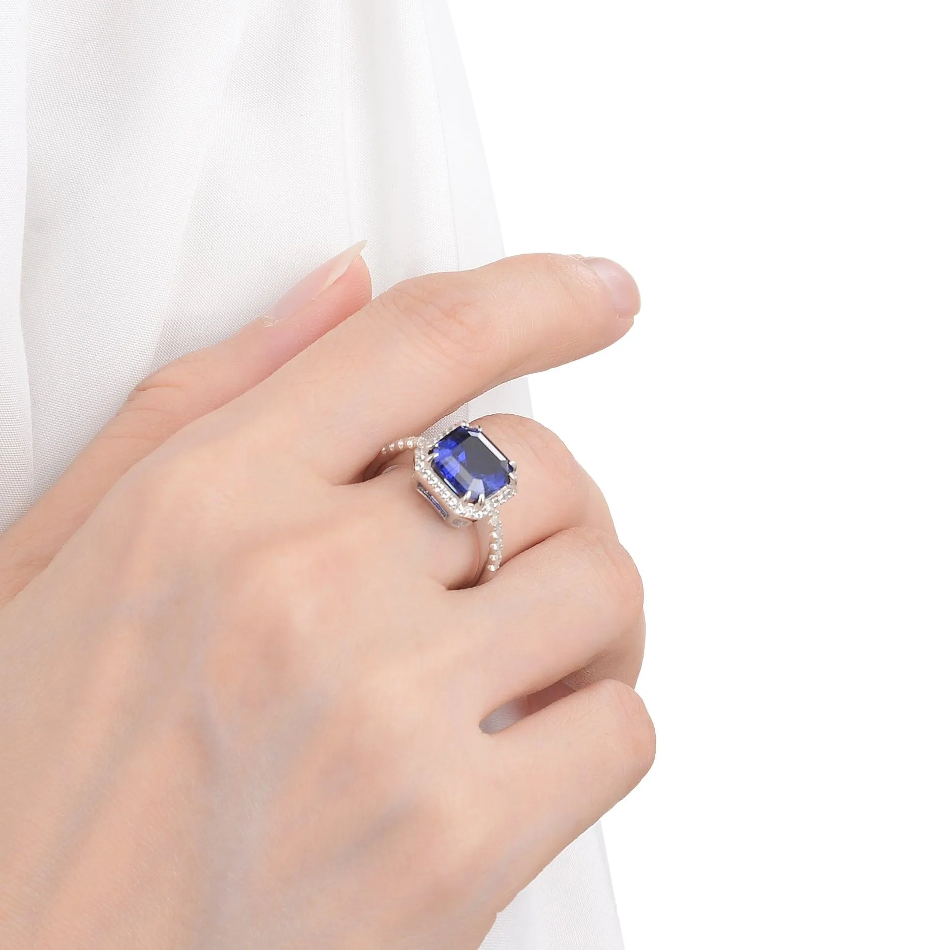 Ceylon Sapphire Asscher Cut Halo Ring