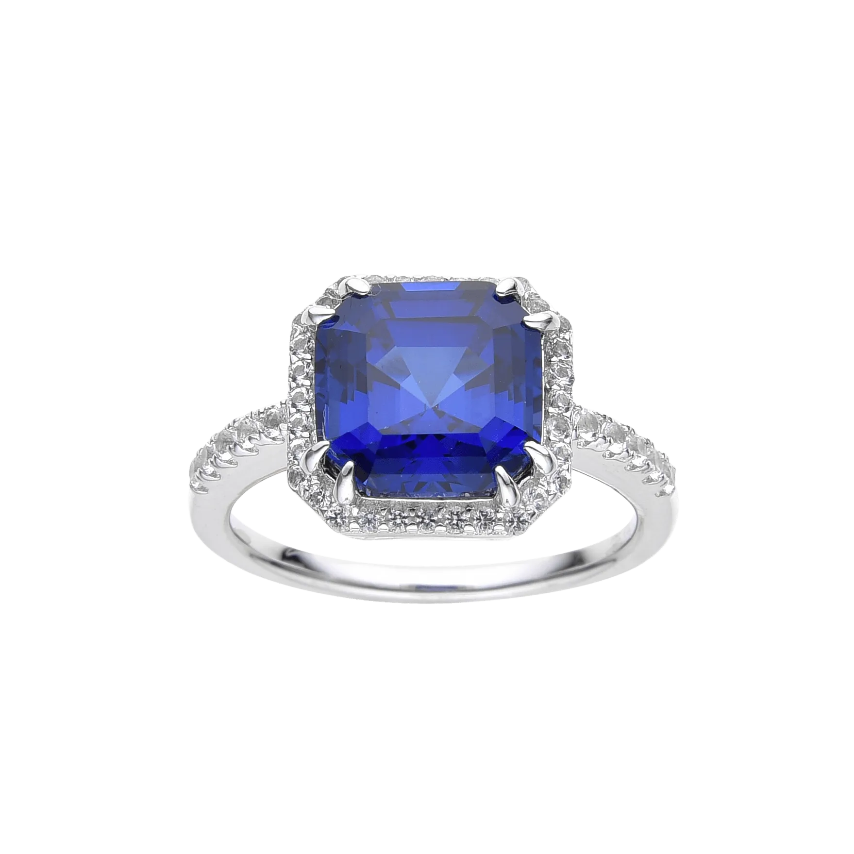 Ceylon Sapphire Asscher Cut Halo Ring